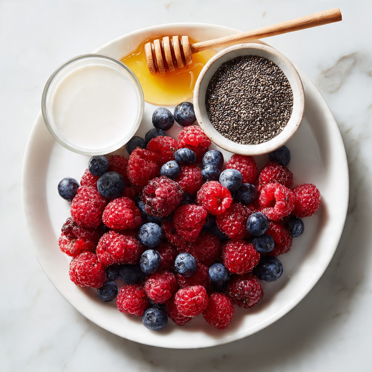A white round plate with a layer of small red raspberries and dark blue blueberries piled in the center. To the top right of the plate is a small white bowl filled with black chia seeds, with a small wooden spoon resting in it. Above the bowl of chia seeds is a small white bowl filled with honey showing a wooden honey dipper inside. To the left of the berries is a glass of white milk. The background is a white marbled surface. photo taken with an iphone --ar 4:5 --v 7