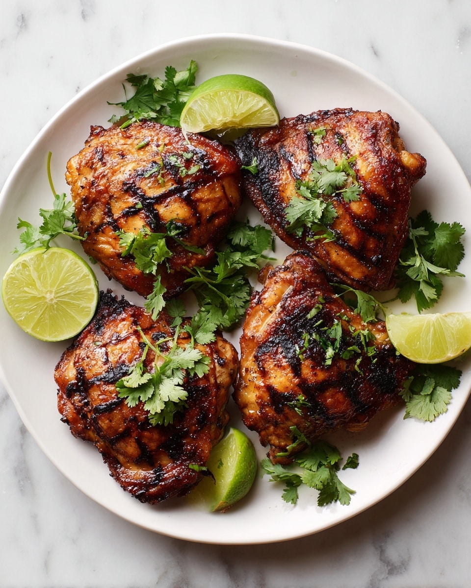 The image shows two grilled chicken pieces stacked slightly on a white marbled surface, each with a brown, charred, and shiny texture from the glaze. On top of the chicken are small green herb sprinkles and tiny red chili bits scattered over the meat. Two bright green lime wedges are placed, one resting on the top chicken piece and the other near the bottom edge, adding fresh color contrast. A few green herb leaves are visible around the edges, enhancing the fresh look. The lighting highlights the gloss and grill marks on the chicken, making it look juicy and well-cooked. photo taken with an iphone --ar 4:5 --v 7