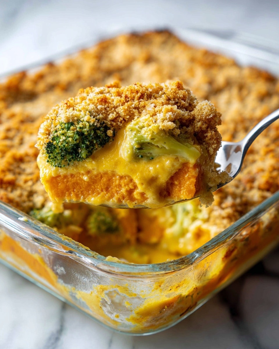 The dish shows a close-up of a baked casserole in a clear glass baking dish placed on a white marbled surface. The casserole has three layers: a golden, crumbly topping that looks crunchy, a thick, bright yellow creamy sauce with green broccoli pieces in the middle, and a soft, orange layer of cooked sweet potatoes at the bottom. A spoon is scooping out a portion from the dish, lifting a large scoop that reveals the creamy sauce mixing with the broccoli and the soft sweet potato layer underneath. The image has bright, natural lighting focusing on the texture and colors of the food. Photo taken with an iphone --ar 4:5 --v 7