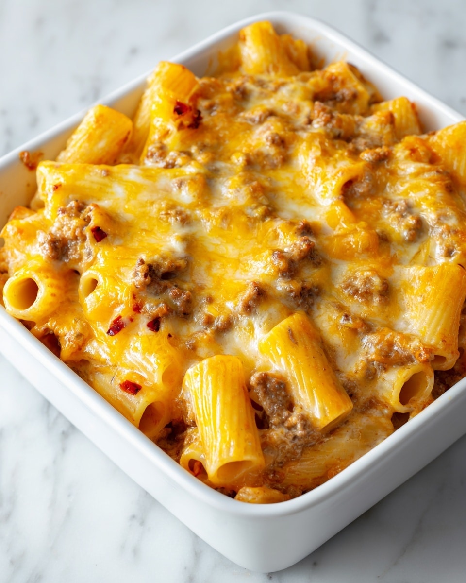 A white square dish filled with baked pasta layered in two main parts: the base layer consists of rigatoni pasta mixed with ground meat and small bits of red peppers, all covered in a creamy, light orange sauce. The top layer is a thick coating of melted cheddar cheese that covers the pasta and meat evenly, showing some bubbling and slight browning. The dish is placed on a white marbled surface, with soft natural light highlighting the glossy texture of the melted cheese and the ridges of the pasta shells. photo taken with an iphone --ar 4:5 --v 7