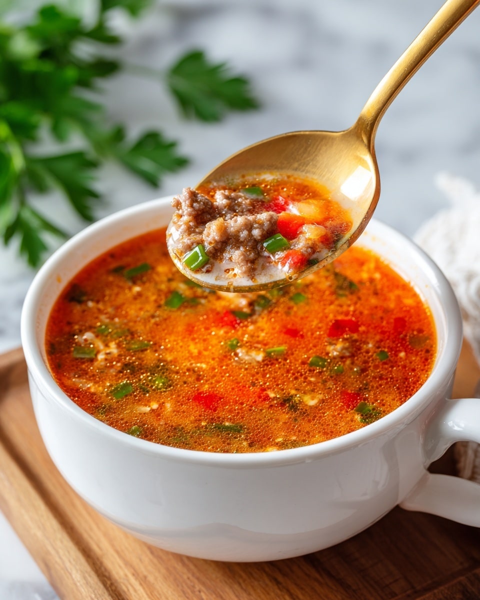 A white cup filled with a thick soup showing three layers: a top layer with small green and red bell pepper pieces, a middle layer with brown ground meat chunks, and a bottom layer with an orange-red broth. A golden spoon is lifting a mix of the same soup layers, showing the wet texture of the broth, and the colorful peppers and meat chunks inside. The cup is placed on a light wooden surface with a white marbled texture background, and some green parsley leaves are seen on the upper left side. Photo taken with an iphone --ar 4:5 --v 7