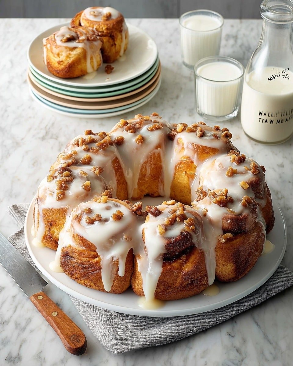 A round cinnamon roll cake shaped like a ring with 11 visible soft, golden-brown rolls stacked close together, covered with thick white icing that drips down the sides and small pieces of brown nuts sprinkled on top, sitting on a white plate. To the left, a butter knife with a wooden handle rests on a white marbled surface. In the back, a stack of five pastel-colored white plates with three rolls topped with white icing sits on a light gray cloth napkin. To the right, three clear glasses with white milk and a clear milk jug with black text are placed on the white marbled surface. Photo taken with an iphone --ar 4:5 --v 7