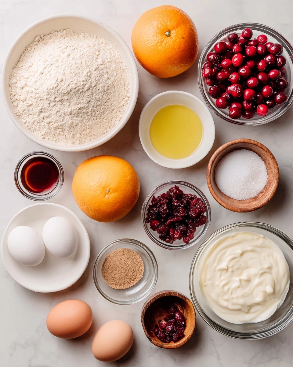 The image shows an overhead view of several small white bowls and glass bowls arranged neatly on a white marbled surface. There are two whole oranges placed near the center. One large white bowl holds a light beige flour mixture. A white bowl contains light yellow oil, and a small white bowl next to it has a dark brown liquid. Another small wooden bowl holds a light brown powder. Two white eggs lay side by side on the surface. A glass bowl is filled with white creamy yogurt, and next to it is another glass bowl containing a light creamy liquid. A small glass bowl holds white salt, while two white bowls contain dark red dried cranberries and fresh whole cranberries. The colors contrast nicely with the white marbled background. photo taken with an iphone --ar 4:5 --v 7