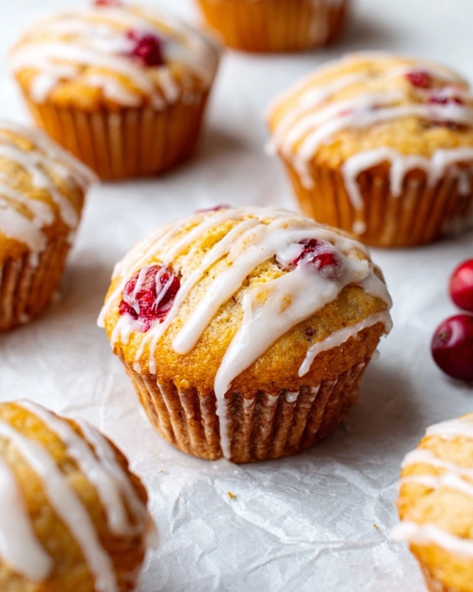 A close-up view shows multiple golden-brown muffins placed on a wrinkled white parchment paper atop a white marbled surface. Each muffin is topped with a light white icing drizzle forming thin, irregular lines across the surface. Some muffins have small red berry pieces visible inside and on top, contrasting with the warm muffin color. The muffins sit slightly apart, with soft natural light highlighting their texture and the glossy icing. A white marbled surface serves as the base, creating a clean and simple background. photo taken with an iphone --ar 4:5 --v 7