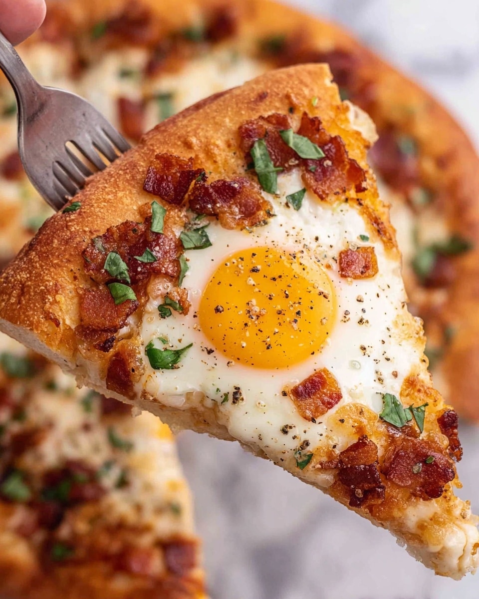 A close-up of a pizza slice held by a woman's hand with a fork, showing a golden-brown crust with crispy bacon bits baked into it. The pizza has a layer of melted cheese that blends with the crust. On top, there is a sunny-side-up egg with a bright yellow yolk and white cooked egg white, sprinkled with black pepper and small green herb leaves. The full pizza in the background shows more green herb pieces on the cheese. The surface beneath has a white marbled texture. photo taken with an iphone --ar 4:5 --v 7