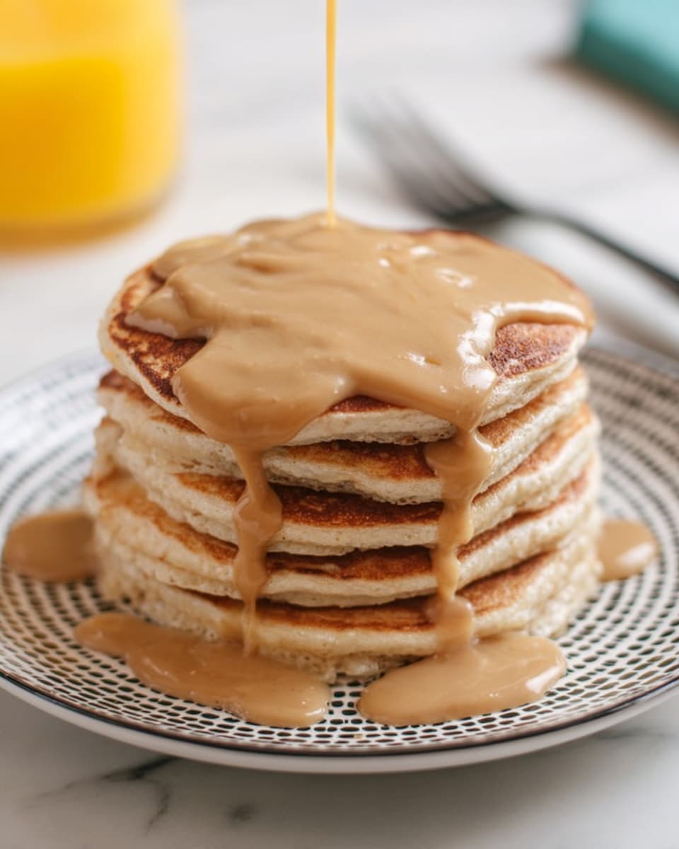 A stack of seven golden-brown pancakes sits on a white plate with a black patterned edge. The pancakes have a soft, fluffy texture, each layer showing light browning and small air bubbles. Thick, light brown sauce is generously poured over the top pancake, dripping down the sides in smooth streams. The plate rests on a white marbled surface, with part of a blurred orange juice glass in the background and a woman's hand reaching with a fork near the top left. photo taken with an iphone --ar 4:5 --v 7