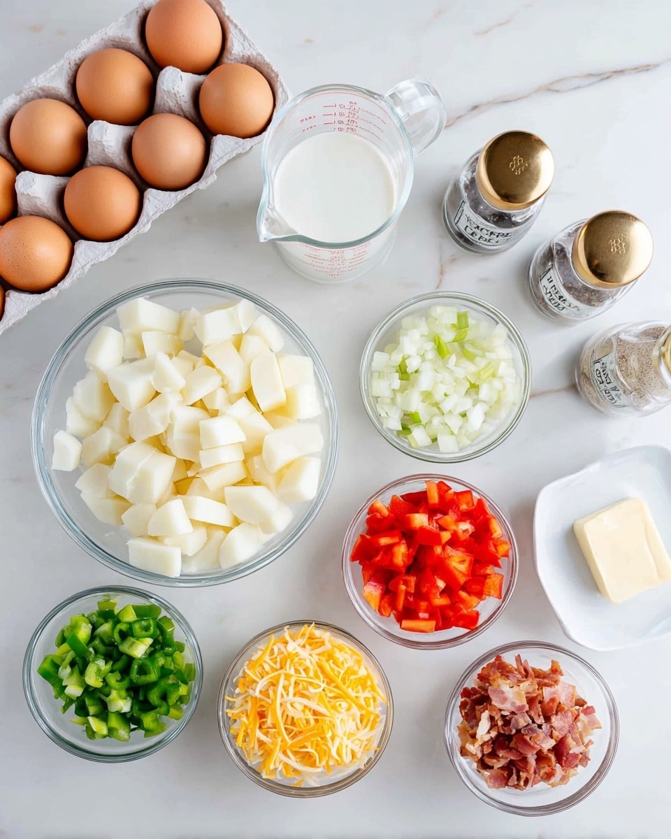 The image shows an overhead view of multiple clear glass bowls and white dishes arranged on a white marbled surface. There is a large clear bowl in the center filled with small white cubed potatoes. Around it, there are smaller bowls containing chopped green and red bell peppers, chopped white onions, shredded yellow cheddar cheese, and chopped bacon pieces. A white dish holds a small square of butter. Above the center bowl is a clear measuring cup with a white liquid, and next to it are two glass spice jars labeled black pepper and salt with gold lids. On the left side, a white egg carton holds eight brown eggs. The scene is bright and clean, showing ingredients organized separately for a recipe photo taken with an iphone --ar 4:5 --v 7