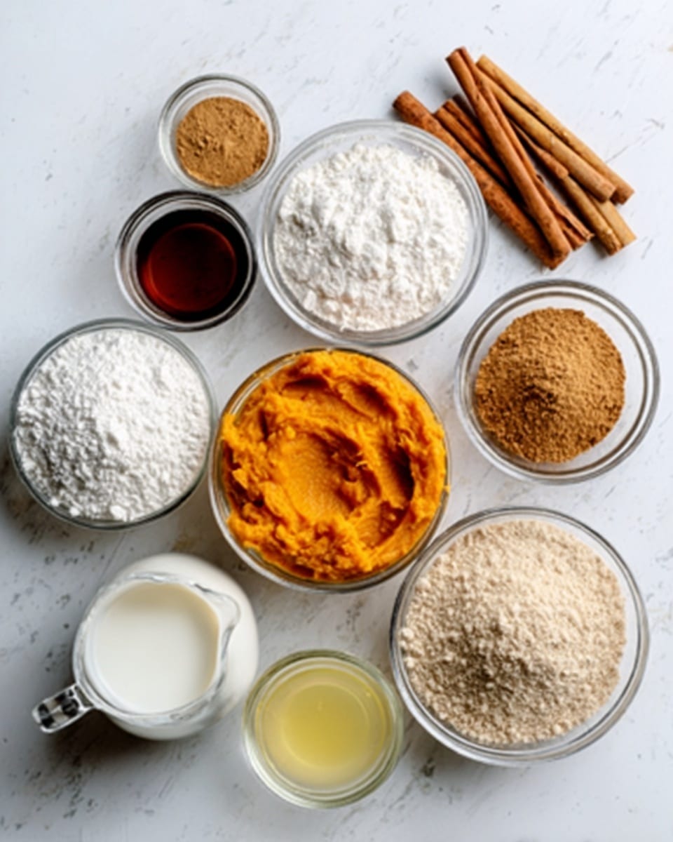 The image shows eight clear glass bowls and one glass jug arranged on a white marbled surface. In the center is a bowl with orange pumpkin puree, surrounded by bowls containing white flour, brown sugar, a light tan powder, a dark brown liquid, cinnamon sticks, a white liquid in a jug, and a small bowl with a yellow liquid, all neatly spaced in a semicircle pattern. The textures range from smooth pumpkin puree to fluffy flour and granular brown sugar. There are two cinnamon sticks placed diagonally in the top right corner on the marble surface. photo taken with an iphone --ar 4:5 --v 7