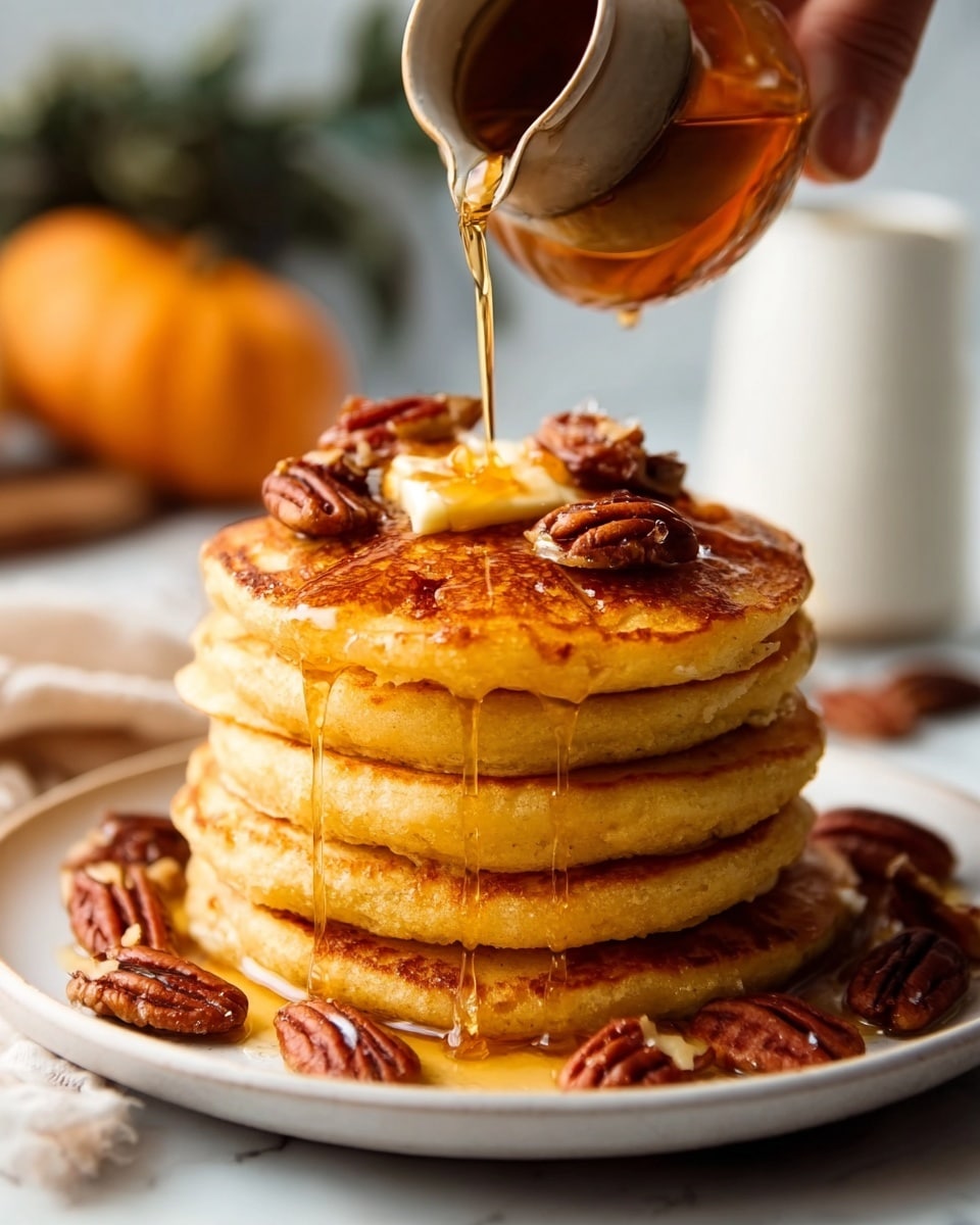 A tall stack of five golden brown pancakes sits centered on a white plate. Each pancake is thick and fluffy with a soft texture. On top of the stack is a small pat of melting butter. Glossy amber syrup is being slowly poured over the top, dripping down the sides in thin streams. Around the base of the stack are several toasted pecan halves, adding a crunchy look. The background shows a white marbled surface with soft warm lighting, and a woman's hand holds the syrup container gently above the pancakes. Photo taken with an iphone --ar 4:5 --v 7