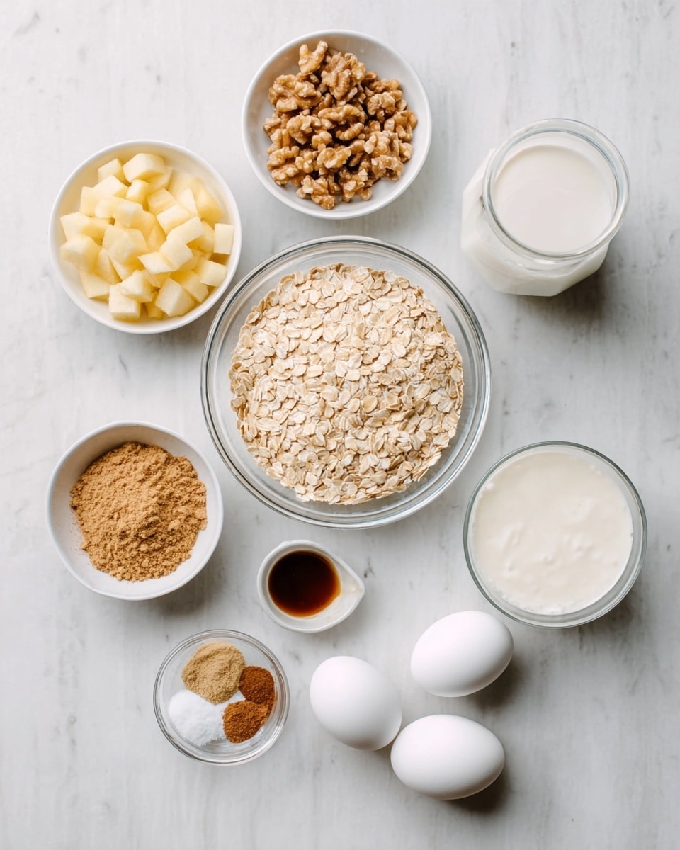 The image shows ingredients for a recipe arranged on a white marbled surface. In the center, there is a clear glass bowl filled with light beige rolled oats. Around it, there are several white bowls and a clear glass. On the left, a white bowl holds small chunks of peeled apple. Above that, a small white bowl contains chopped walnuts. On the right side, another clear glass is filled with milk, and next to it, a white bowl holds a smooth white substance, likely yogurt. Near the bottom right, there are two whole white eggs sitting on the surface. In front of the eggs, there is a small white bowl with light brown powder, probably peanut butter powder, and beside it, a small white dish with a dark brown liquid, likely vanilla extract. A tiny white bowl nearby contains a small amount of cinnamon powder and white powder, which could be salt or baking soda. The colors are soft and natural, with beige, white, and light brown tones, all set on the smooth white marbled surface. photo taken with an iphone --ar 4:5 --v 7