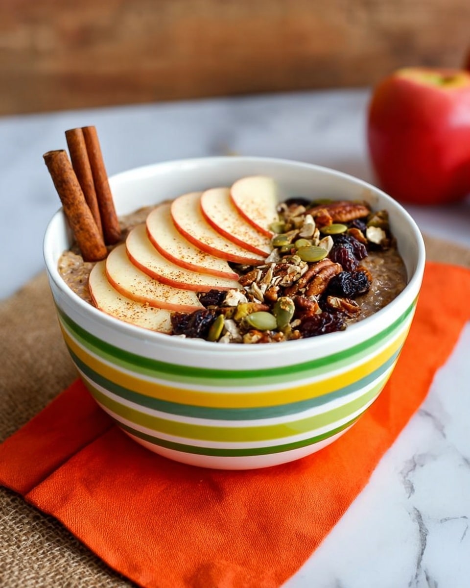 A white bowl with green and yellow stripes holds a breakfast dish with three clear layers: the bottom layer is a smooth brown oatmeal, the middle layer is topped with chopped pecans, raisins, pumpkin seeds, and oats, and the top layer features thinly sliced red apple arranged like a fan with a light sprinkle of cinnamon. Two cinnamon sticks are placed upright inside the bowl leaning on one side. The bowl sits on an orange cloth over a piece of burlap on a white marbled surface, with part of a red apple and a wooden texture visible slightly blurred in the background. Photo taken with an iphone --ar 4:5 --v 7