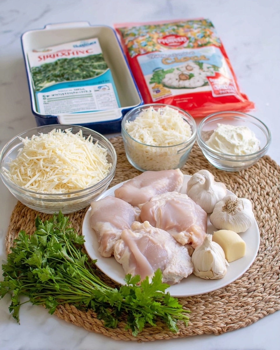The image shows raw chicken pieces placed on a white plate in the front left, with peeled garlic bulbs next to clear small bowls filled with white grated cheese and a creamy white spread on the right side. Behind these, there is a transparent bowl with shredded white cheese, set in front of a colorful soft cheese package and a red and white bag of chopped spinach. To the left side in the background, there is a white ceramic baking dish with blue outer sides. All items rest on a round woven mat with a sprig of fresh green parsley in front, arranged on a white marbled surface. Photo taken with an iphone --ar 4:5 --v 7