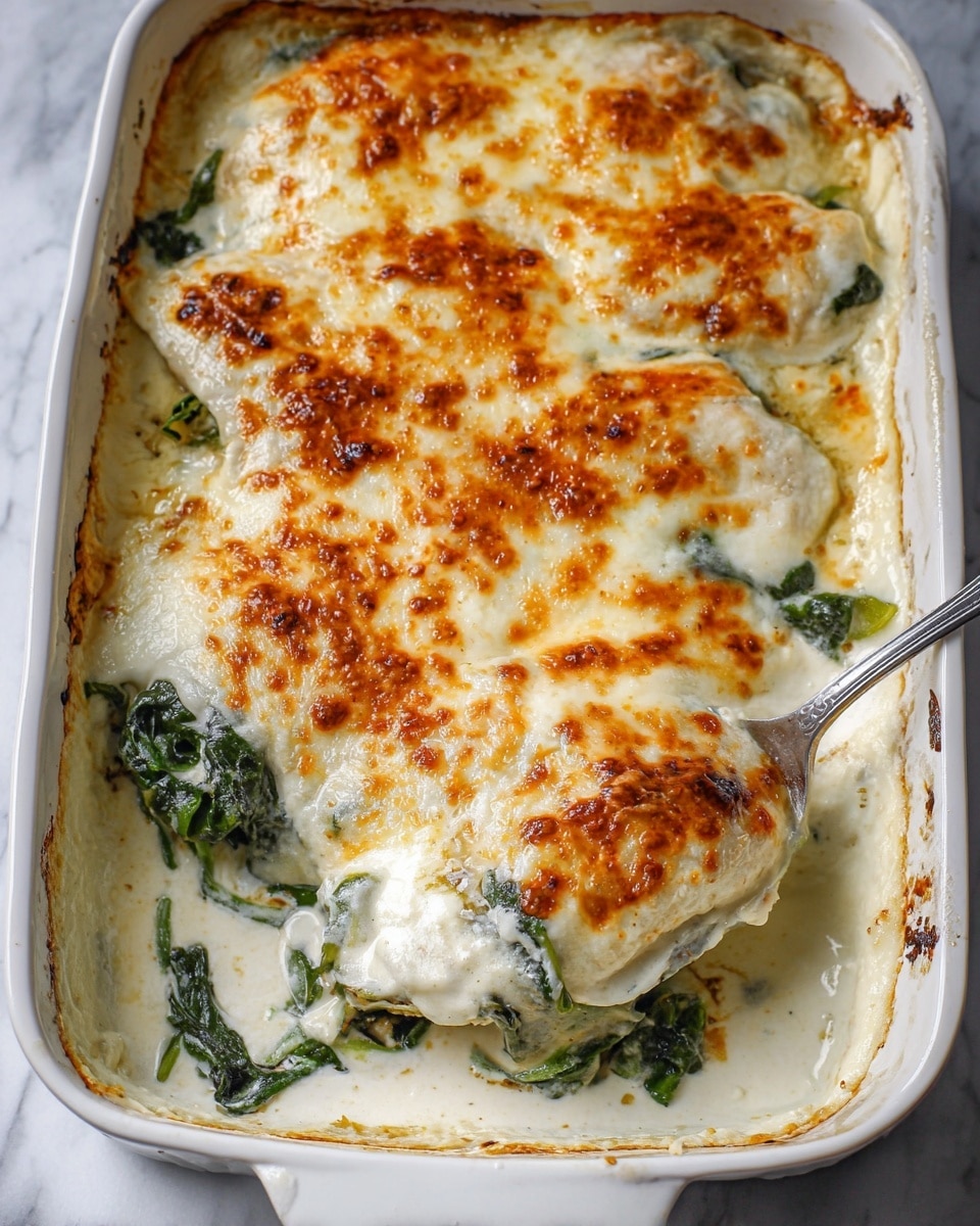 The image shows a white rectangular baking dish filled with a layered dish. The top layer is melted, golden-brown cheese that is bubbly and slightly browned in spots. Underneath the cheese, there are visible green leafy layers, likely spinach, peeking near the edges and mixed inside. The dish has a creamy white sauce spread throughout its layers, giving a moist texture. There is a large spoon partially scooping out a portion from the bottom right corner, showing thick layers of white, creamy cheese mixed with the green leaves. The edges of the dish show some browned, crispy spots where the sauce touched the baking dish. The background is a white marbled surface. photo taken with an iphone --ar 4:5 --v 7