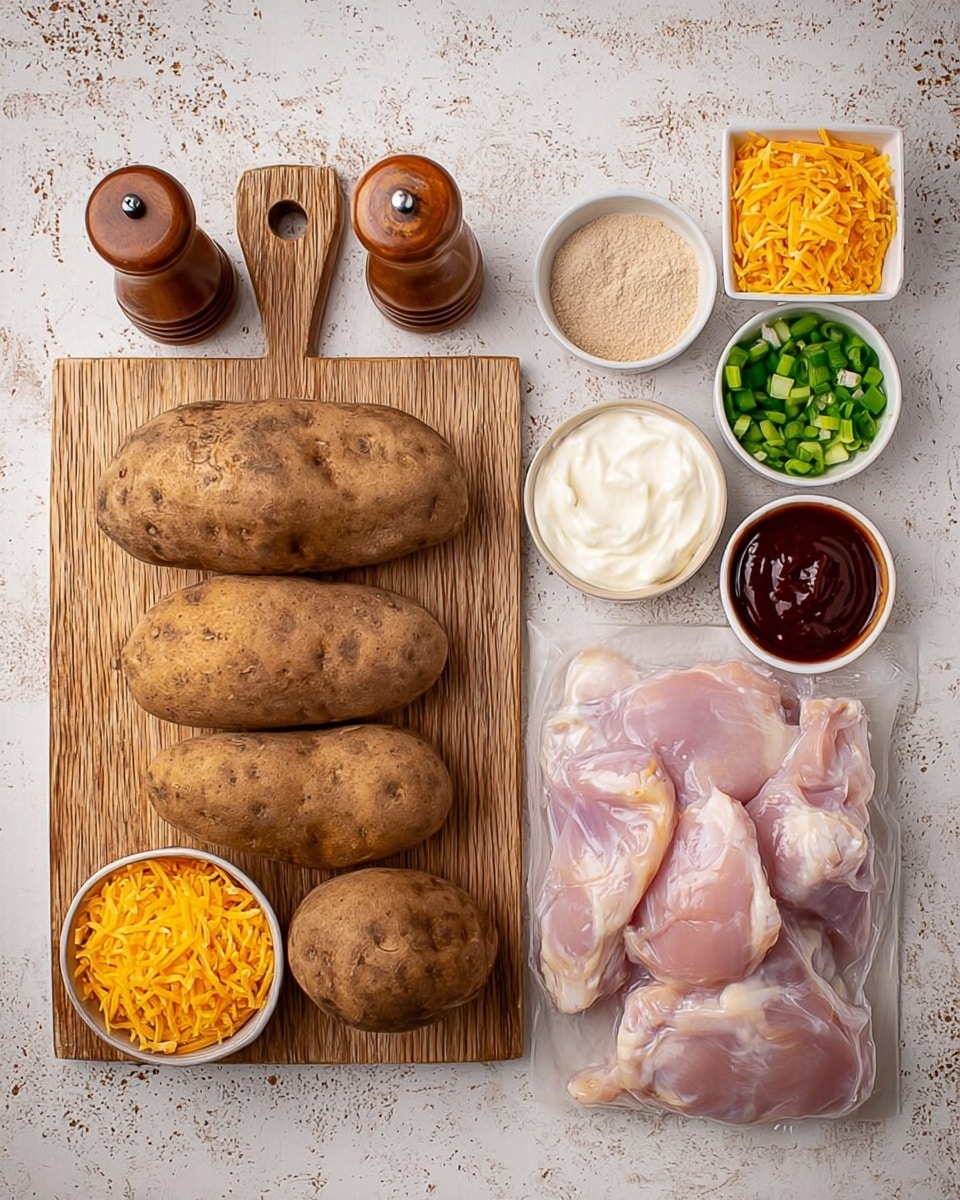 This image shows four large brown potatoes placed in a row on a wooden cutting board with a handle on the left side. To the right of the potatoes, there is a clear plastic package containing several raw pieces of chicken with pink and light purple tones. Above the potatoes and chicken, there are five small white dishes arranged in a straight line: from left to right, a bowl with light beige garlic powder and onion powder, a bowl of thick white sour cream, a small bowl of chopped green onions, a bowl filled with thick dark reddish-brown barbecue sauce, and a bowl of bright orange shredded cheddar cheese. To the top left corner, there are two wooden salt and pepper shakers. The surface beneath everything has a white marbled texture. photo taken with an iphone --ar 4:5 --v 7