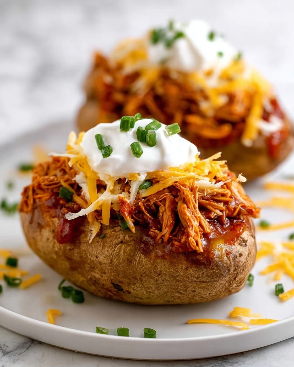 Two baked potatoes on a white plate with a white marbled background. Each potato has three layers: the bottom layer is the brown baked potato skin and soft inside, the middle layer is a heap of shredded, reddish-brown pulled chicken or meat with sauce, and the top layer is a sprinkling of orange shredded cheese. On top of the cheese, there is a dollop of white sour cream with small green chive pieces sprinkled over it. Some extra chive pieces and sauce drops are scattered around the plate. Photo taken with an iphone --ar 4:5 --v 7