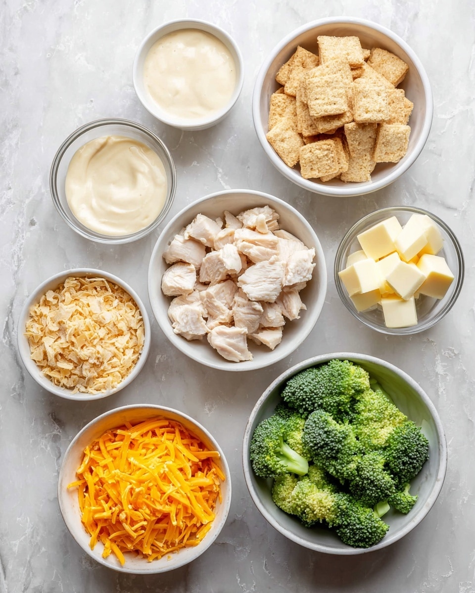 The image shows seven small bowls arranged on a white marbled surface, each filled with different ingredients. Starting from the top left, there is a small bowl with a light creamy sauce. Next to it, a white bowl is filled with broken light brown crackers. To the right, a smaller white bowl contains three butter cubes. Below, a white bowl is filled with diced pale cooked chicken pieces. Underneath, another small bowl has a thick pale sauce. To the left, a white bowl contains shredded bright orange cheddar cheese. Finally, at the bottom right, a white bowl holds fresh green broccoli florets. Photo taken with an iphone --ar 4:5 --v 7