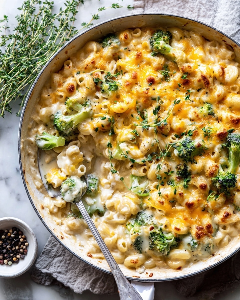A white pan filled with a creamy pasta dish showing three main layers: the bottom layer is tender macaroni pasta in a thick white sauce mixed with small pieces of broccoli, the middle layer includes gooey melted cheese in yellow and white colors spread unevenly on top, and the top layer is fresh green herb sprigs scattered around for decoration. The edges of the cheese are slightly browned with some golden spots. A silver spoon rests inside the pan, partially covered with sauce and pasta. The pan is on a white marbled surface with sprigs of fresh herbs and a small white plate with peppercorns nearby. photo taken with an iphone --ar 4:5 --v 7