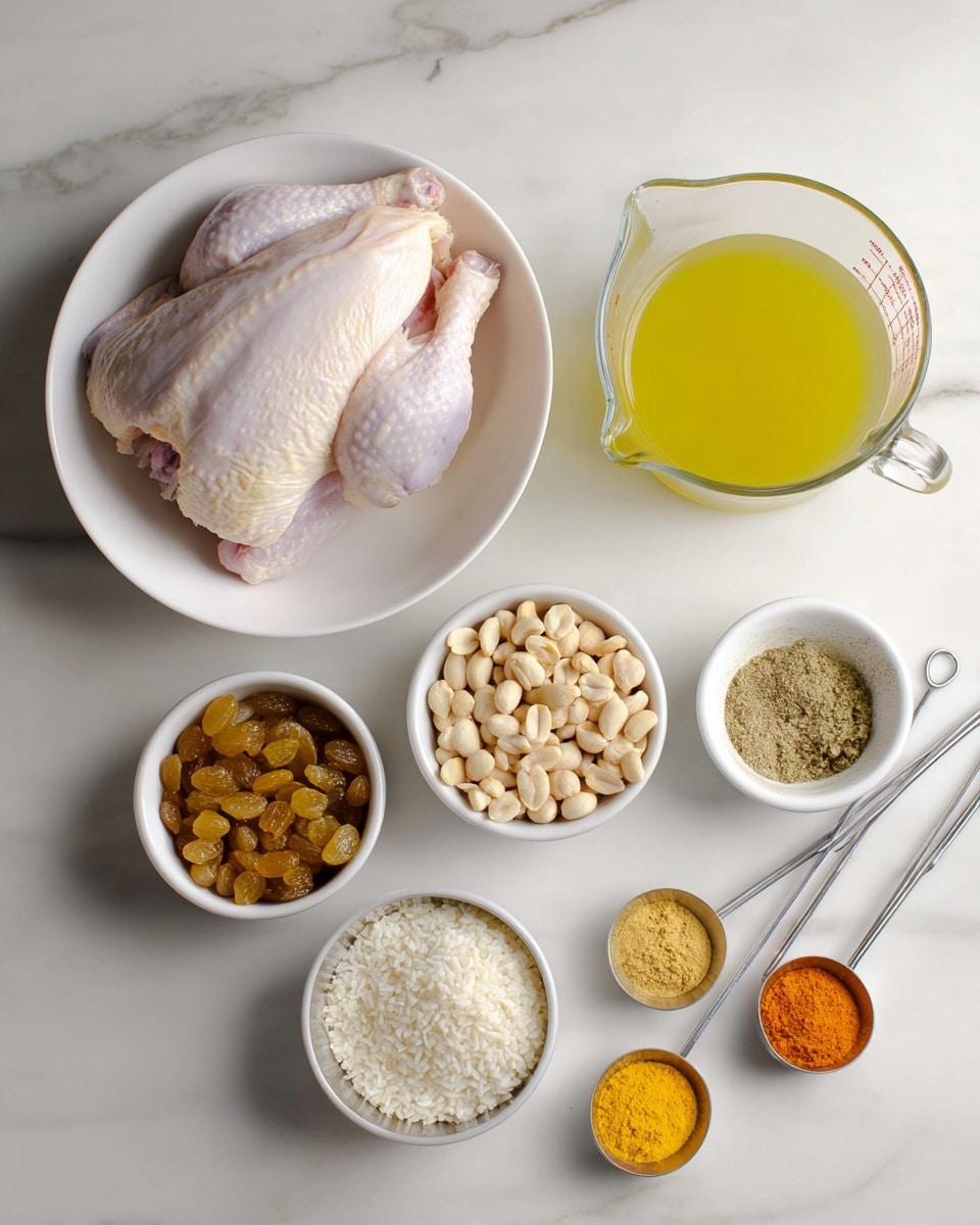The image shows a layout of raw cooking ingredients arranged on a white marbled surface. In the center, there is one white bowl holding a large piece of pale raw chicken with skin visible. Above this bowl is a clear glass measuring jug filled with a light yellow liquid. To the right, there is a white bowl with a yellow-green oil and another white bowl containing a mix of brownish spice powder. Below and to the left of the chicken bowl are two metal measuring cups; one filled with white rice and the other filled with pale peanuts. Above these cups to the left is another white bowl holding golden raisins. Two metal measuring spoons rest at the bottom right corner, each holding a small amount of bright yellow and orange powdered spice. Photo taken with an iphone --ar 4:5 --v 7