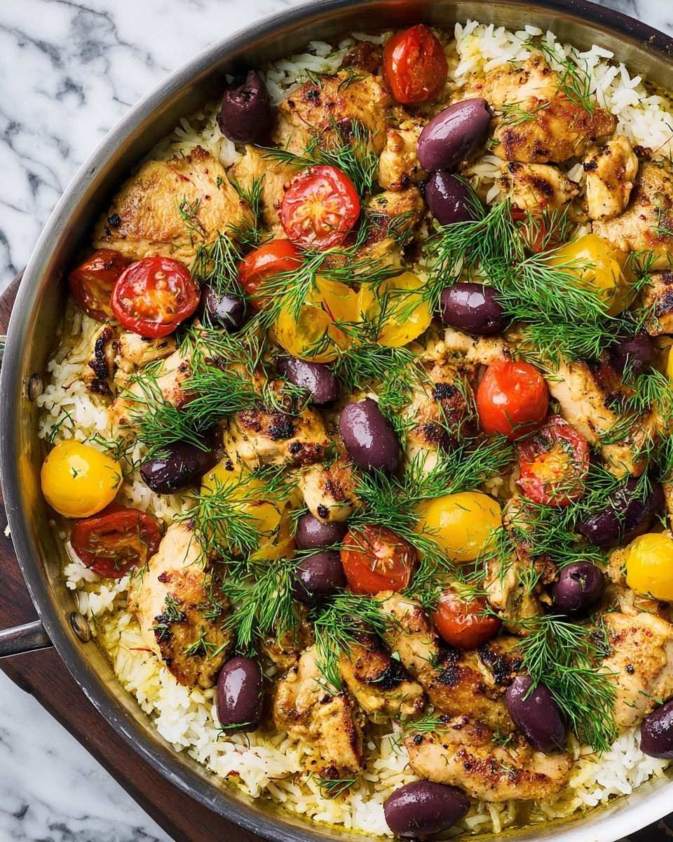 The dish is served in a large silver pan and shows three main layers. The bottom layer is white rice with a soft texture, spread evenly across the pan. Above that, there are pieces of browned, grilled chicken with a slightly crispy outer look, scattered all over the rice. The top layer includes yellow and red cherry tomato halves, dark purple olives cut in half, and bright green sprigs of fresh dill spread evenly, adding a fresh and colorful touch. The background surface is a white marbled texture. photo taken with an iphone --ar 4:5 --v 7