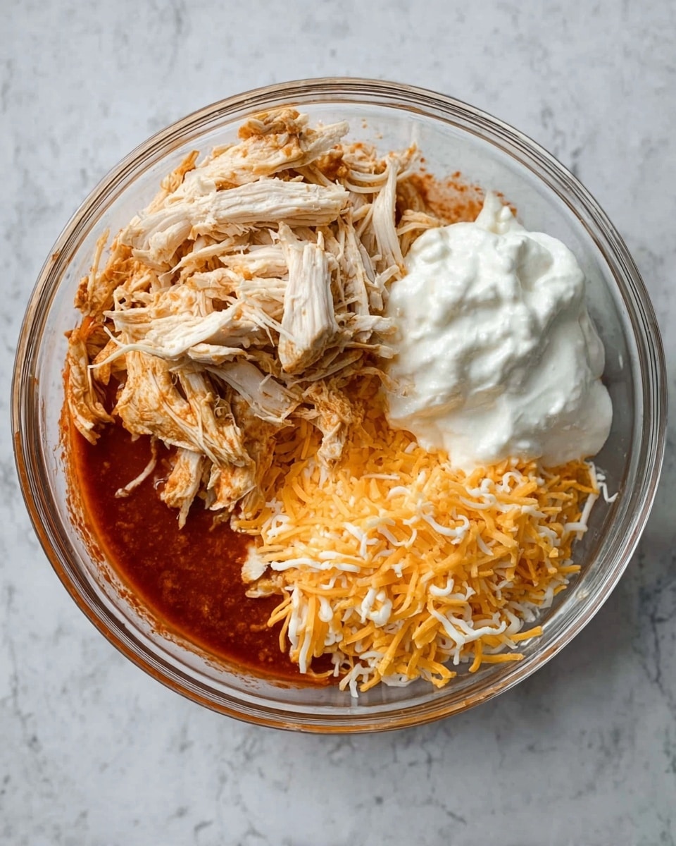 A clear glass bowl on a white marbled surface contains four separate ingredients arranged in sections: shredded white chicken on the left, white sour cream on the upper right, a pile of shredded orange and white cheese on the lower right, and a thick red sauce covering the bottom of the bowl, visible under the other ingredients. The bowl is viewed from above. Photo taken with an iphone --ar 4:5 --v 7