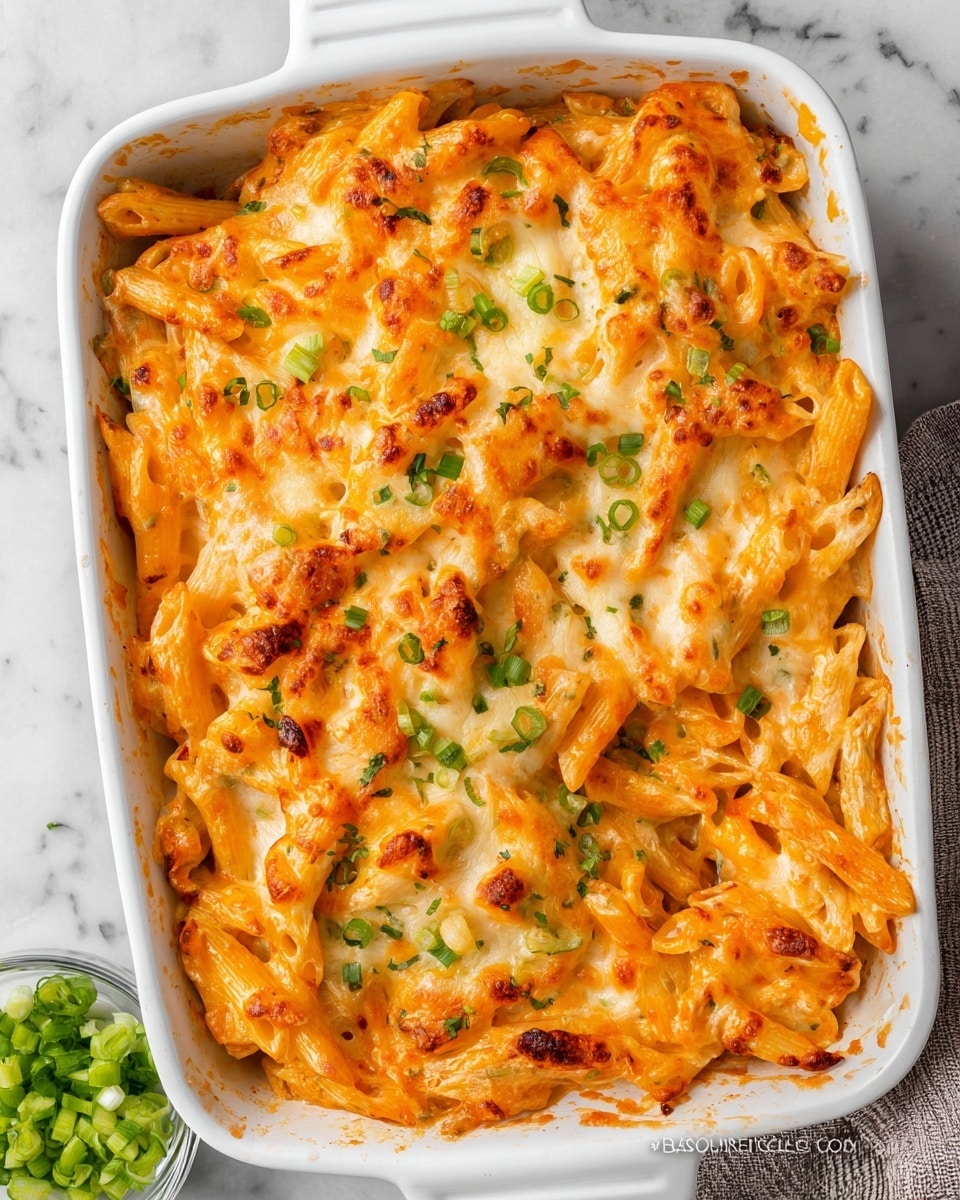 The dish shows a white rectangular baking dish filled with baked pasta in creamy orange cheese sauce with melted gooey cheese on top. The pasta is penne, mixed well with the cheese sauce covering every piece, and the top layer is browned slightly with a few spots of deeper orange sauce drizzled over it. Small bits of green onions are scattered across the surface, adding a fresh green color contrast. The dish is sitting on a white marbled surface with a small bowl of chopped green onions to the side. photo taken with an iphone --ar 4:5 --v 7