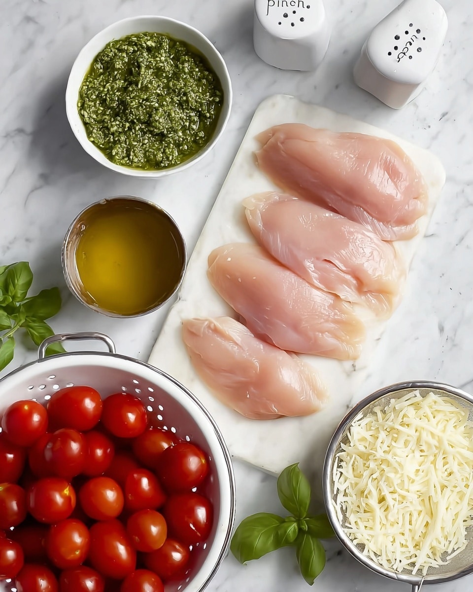 The image shows a white marbled surface with six pieces of raw chicken layered on the right side, each piece light pink, smooth in texture, and slightly overlapping. At the top left, there is a small white bowl filled with green pesto sauce, showing a textured surface with bits of herbs. Below it, there is a tiny metal cup filled with golden olive oil, smooth and shiny. In the bottom left corner, a white colander holds many bright red grape tomatoes, round and smooth, with small green basil leaves scattered around the edges. To the right of the tomatoes, a small metal colander is filled with shredded white cheese, light and fluffy in texture. A white pepper shaker labeled