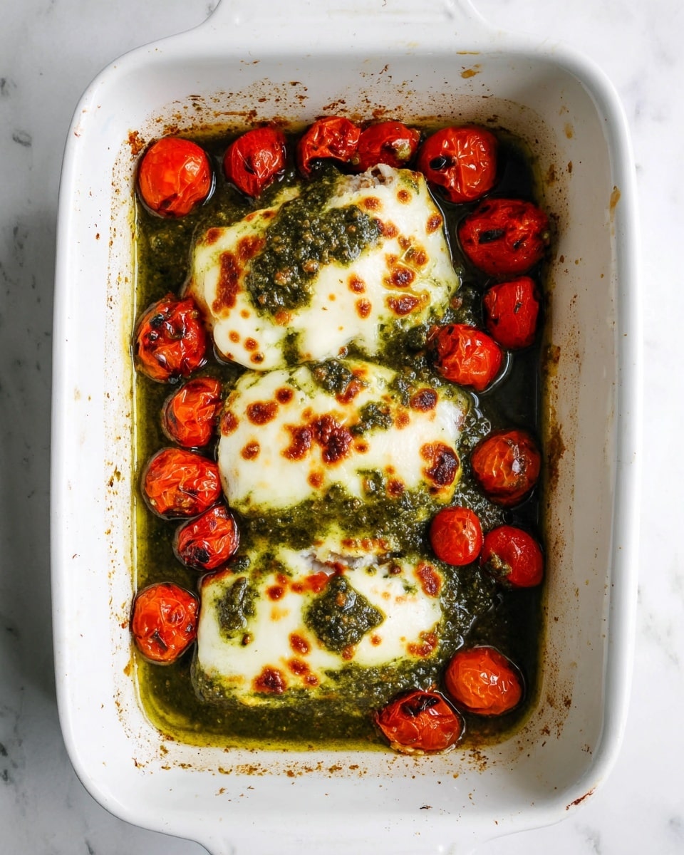 The image shows a white rectangular baking dish filled with three pieces of cooked food stacked side by side, each topped with melted, golden-brown cheese with some browned spots. Under the cheese, there is a green sauce that looks thick and herby, spread unevenly on the food. Around the pieces, there are many small roasted red cherry tomatoes, some slightly charred. The edges of the dish have a slight baked-on residue from the sauce. Everything rests on a white marbled surface. Photo taken with an iphone --ar 4:5 --v 7