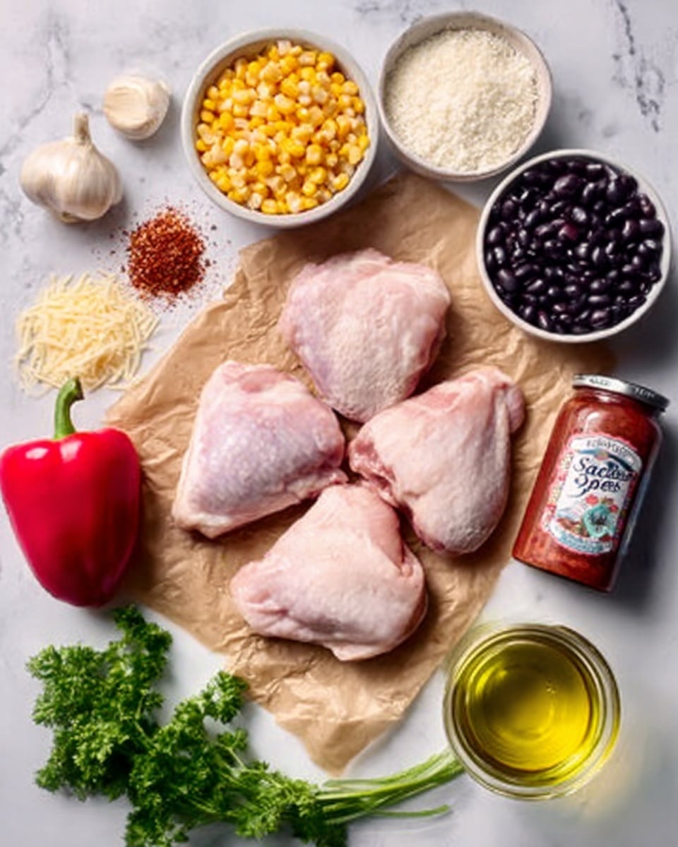 The image shows three raw chicken thighs placed on brown parchment paper at the center. Around them, there are small white bowls with white rice, yellow corn, and black beans. Near the bowls is a whole red bell pepper. On the left, there are two garlic cloves next to some shredded cheese and a small pile of reddish-brown spice. A bunch of fresh green parsley lies in the bottom left corner. Toward the bottom right, there is a bottle of olive oil, a clear glass cup with light yellow liquid, and a red jar of Pace salsa. The whole setup is arranged on a white marbled surface. photo taken with an iphone --ar 4:5 --v 7