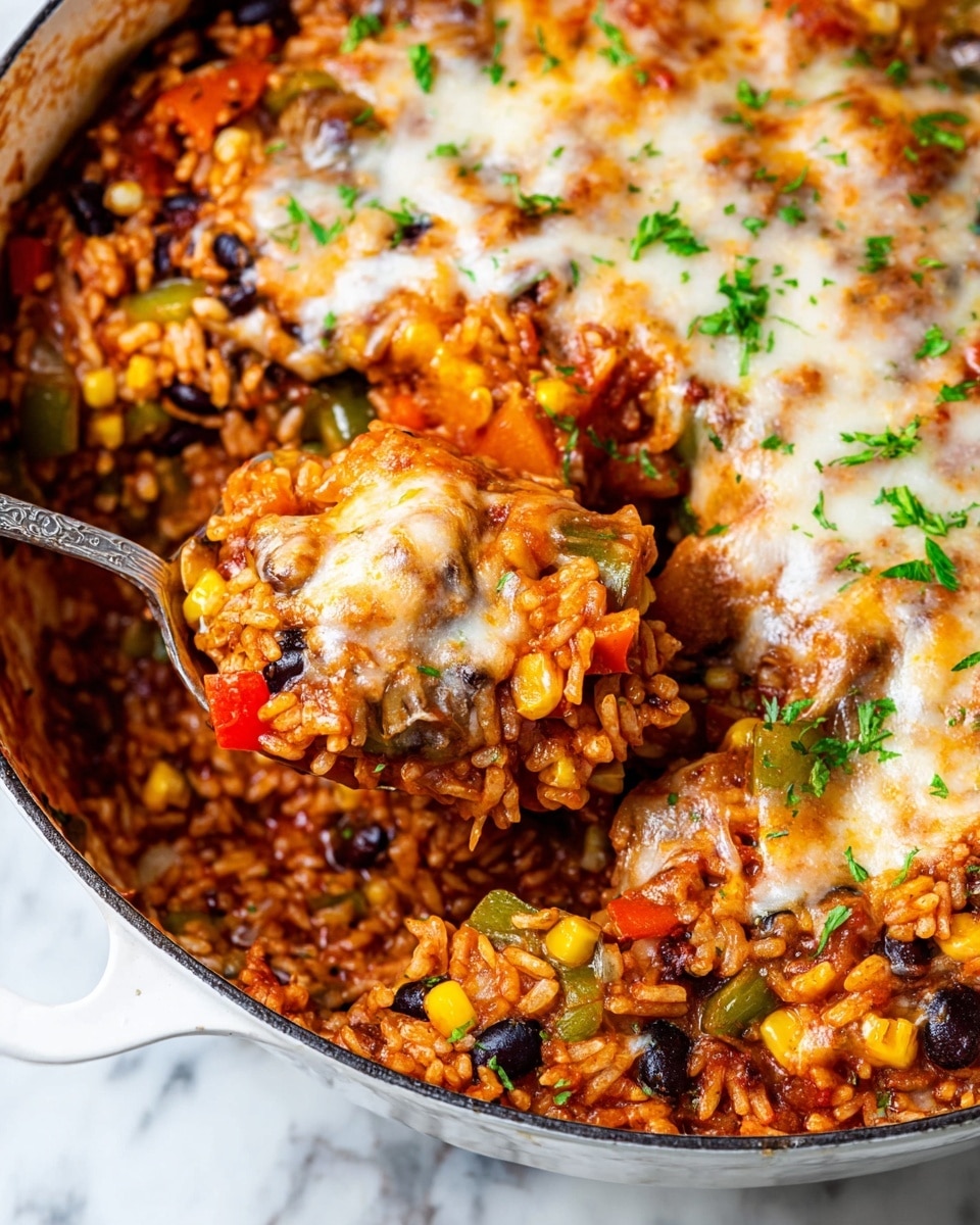 This image shows a white pot filled with a colorful baked rice dish, layered with yellow corn, black beans, orange and red bell peppers, green peppers, and melted white cheese on top. The rice has a rich, reddish-orange color, mixed with chunks of vegetables and beans spread evenly throughout. Small pieces of chopped green herbs are sprinkled over the melted cheese, adding a fresh touch. A silver spoon is scooping a serving of the dish from the center, showing the thick, hearty texture inside. The pot sits on a white marbled surface, creating a bright and clean background photo taken with an iphone --ar 4:5 --v 7