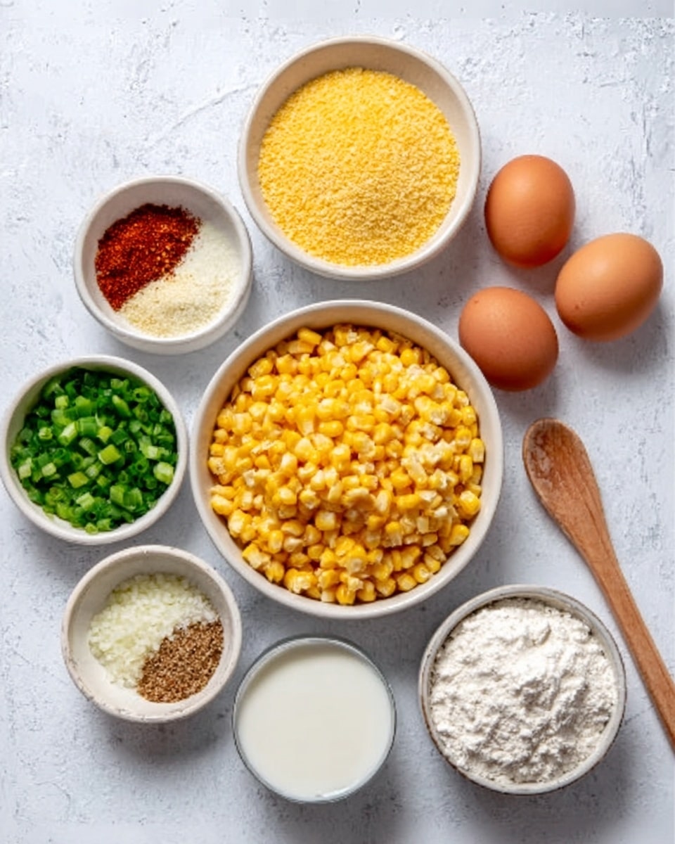 The image shows seven white bowls arranged on a white marbled surface, each containing a different food ingredient. In the center is a larger white bowl filled with yellow corn kernels. Surrounding it are six smaller white bowls: at the bottom left is chopped green onions, at the top left a mixture of red, white, and brown spices, above the corn bowl a bowl filled with yellow cornmeal, to the top right two whole brown eggs, below them a small bowl of white milk, and at the far right a white bowl with white flour and a wooden spoon beside it. The colors range from bright yellow, green, and white to light brown, showing a mix of dry and fresh ingredients. Photo taken with an iphone --ar 4:5 --v 7