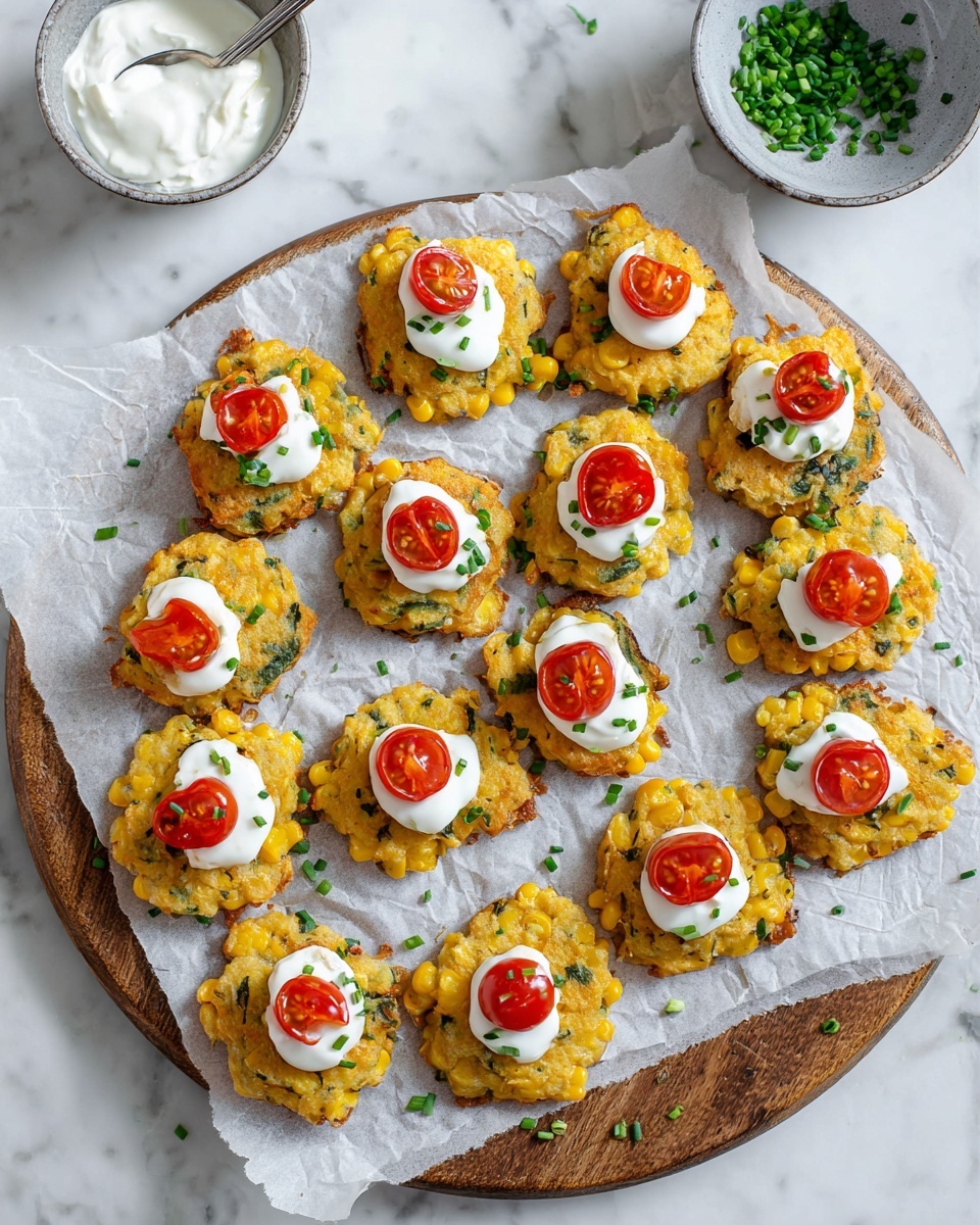 The image shows a round wooden board with a sheet of white parchment paper on top, placed on a white marbled surface. On the parchment paper, there are 17 small, golden-yellow corn fritters with a slightly crispy texture and green herbs mixed inside. Each fritter has a dollop of white cream on top, followed by a thin slice of bright red cherry tomato, and is garnished with small green chive pieces scattered around. In the background, there is a small white bowl with green chives on top of a white sauce, and a larger gray bowl filled with white cream and a silver spoon inside. The photo taken with an iphone --ar 4:5 --v 7