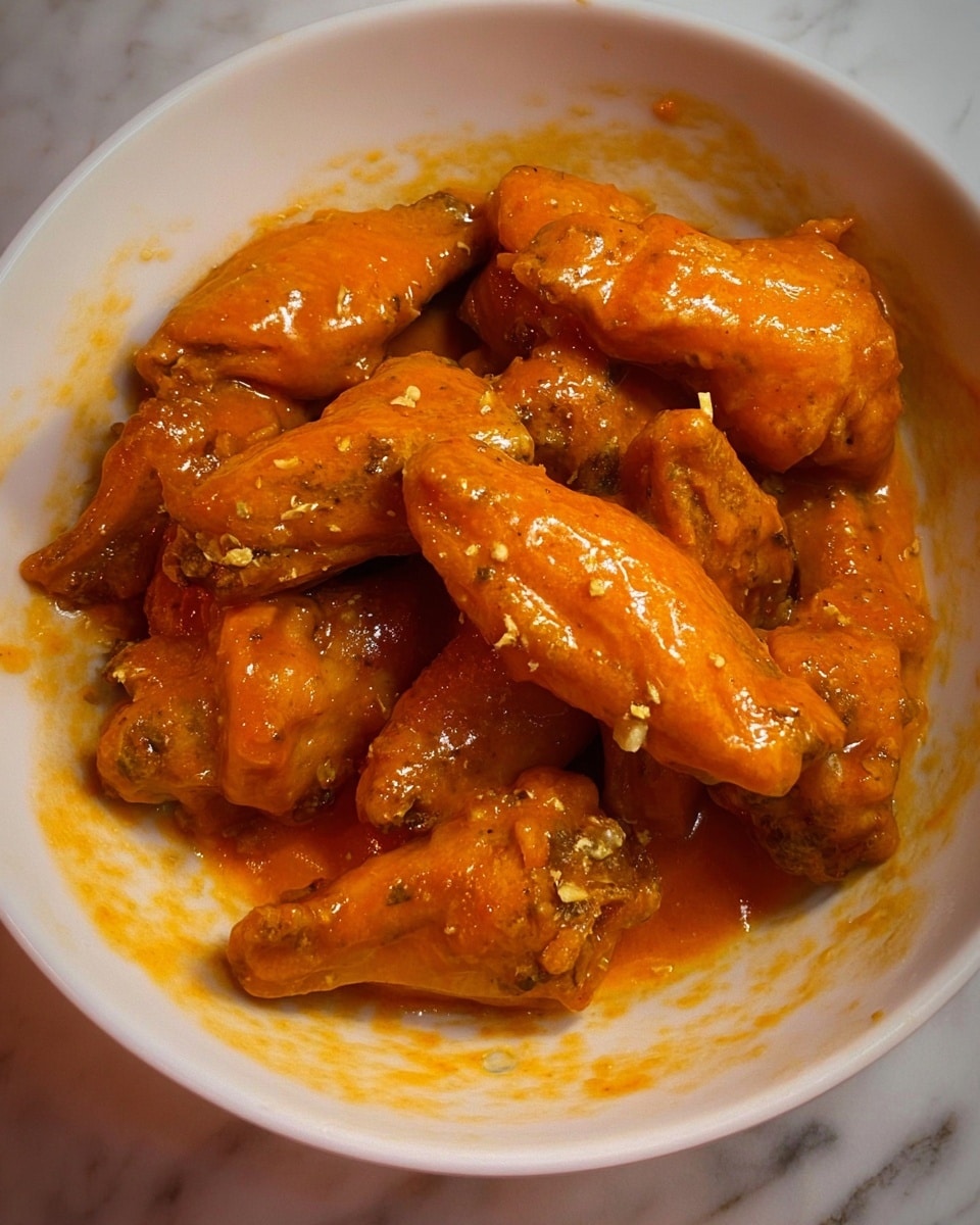 The image shows a white bowl filled with about a dozen chicken wings covered in a thick, bright orange sauce. The wings have a shiny, smooth texture from the sauce, which pools slightly at the bottom of the bowl. Small bits of garlic or seasoning can be seen on the wings and around the sauce. The background is a white marbled surface. photo taken with an iphone --ar 4:5 --v 7