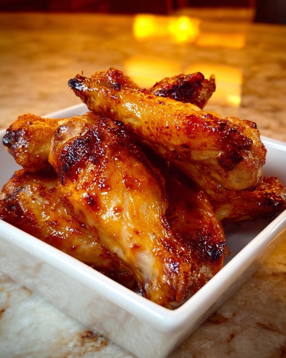 A white square bowl filled with a stack of about seven golden-brown cooked chicken wings with a shiny, slightly sticky surface, showing some small charred spots and a glazed texture. The wings are piled casually, some leaning against each other, highlighting their roasted skin with a mix of crispy and tender parts. The bowl sits on a white marbled surface with warm lighting reflecting off the wings, making them look juicy and well-cooked photo taken with an iphone --ar 4:5 --v 7