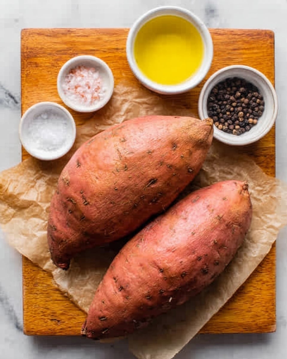 The image shows two whole sweet potatoes placed on a piece of brown parchment paper on a wooden cutting board. Around them, there are three small white bowls filled with yellow olive oil, coarse salt, and whole black peppercorns. The sweet potatoes are reddish-brown with a slightly rough texture. The wooden board has a natural brown color with visible grain lines. The background surface is a white marbled texture. Photo taken with an iphone --ar 4:5 --v 7