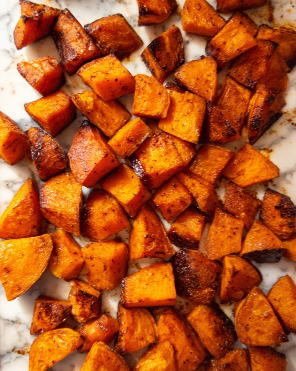 The image shows a close-up of roasted sweet potato pieces with a deep golden-brown color and a slightly crispy texture. The sweet potatoes are cut into uneven chunks and are spread out evenly on a white marbled surface. Some pieces show a darker caramelized edge, giving a rich, roasted look. The lighting highlights the warm orange and brown tones of the sweet potatoes, emphasizing their cooked and tender appearance. Photo taken with an iphone --ar 4:5 --v 7
