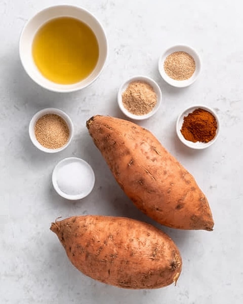 Two large sweet potatoes with a rough orange skin are placed on a white marbled surface, surrounded by several small white bowls containing various ingredients. To the left, a bowl holds a golden yellow liquid, likely oil or syrup. Around it are smaller bowls with white granulated sugar, brown sugar, light brown powder, and a reddish-brown spice, possibly cinnamon or nutmeg. The ingredients are arranged neatly in a loose circle around the sweet potatoes, all on the white marbled background, creating a clean and simple cooking setup. photo taken with an iphone --ar 4:5 --v 7