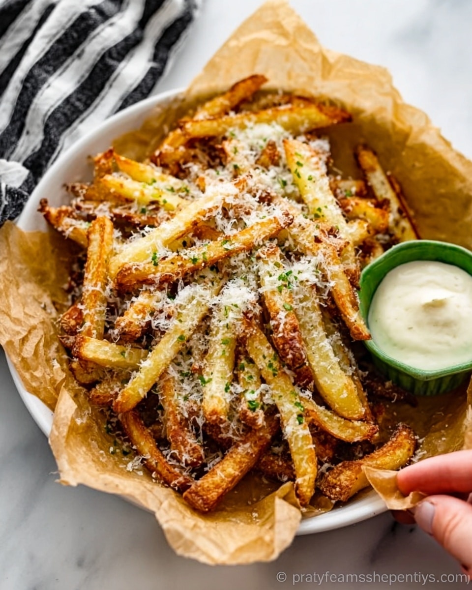 The image shows a white bowl filled with golden brown fries that look crispy and slightly uneven in shape, topped with grated cheese and small green herb bits. The fries are layered over crumpled brown parchment paper inside the bowl, with the cheese sprinkled evenly all over. On the right side, there is a small green ramekin filled with white sauce or dip. A woman's hand is reaching toward the fries, and the background is a white marbled surface with a black and white striped cloth partially visible near the top. photo taken with an iphone --ar 4:5 --v 7