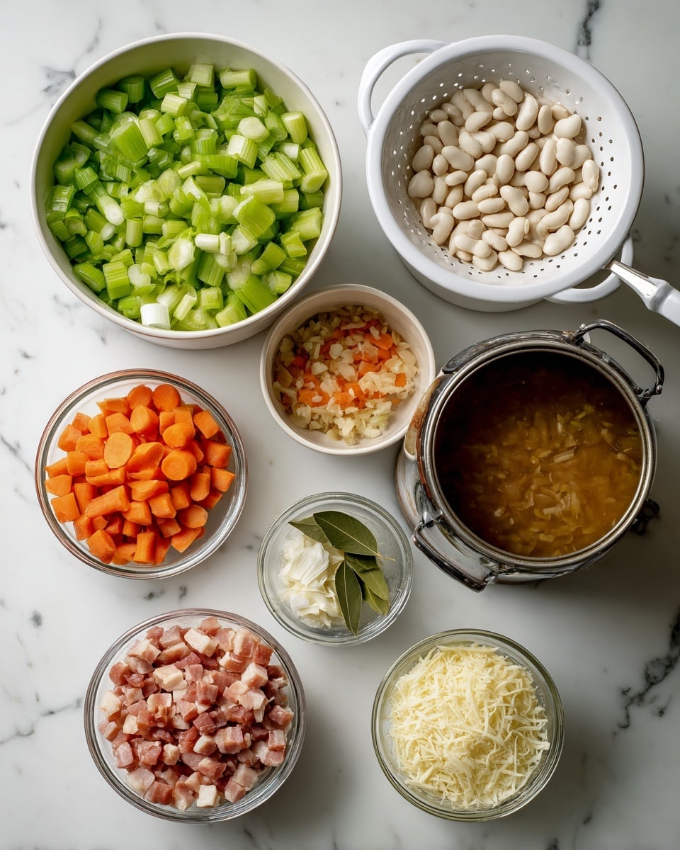 The image shows seven containers arranged neatly on a white marbled surface. The top left has a bowl full of chopped vegetables including green celery, light green leeks, and orange carrots. To its right, there is a white colander holding white beans. Next to the colander on the right side is a tall jar filled with brown broth. Below the jar, there are two bowls; one holds a mix of chopped white onions, minced garlic, and bay leaves, while the other bowl contains a light mountain of grated cheese. At the bottom left, there is a small clear plastic container filled with diced uncured pancetta. The colors and textures are fresh and varied, with crisp vegetables, smooth beans, clear broth, and finely grated cheese, all placed on a clean white marbled surface photo taken with an iphone --ar 4:5 --v 7