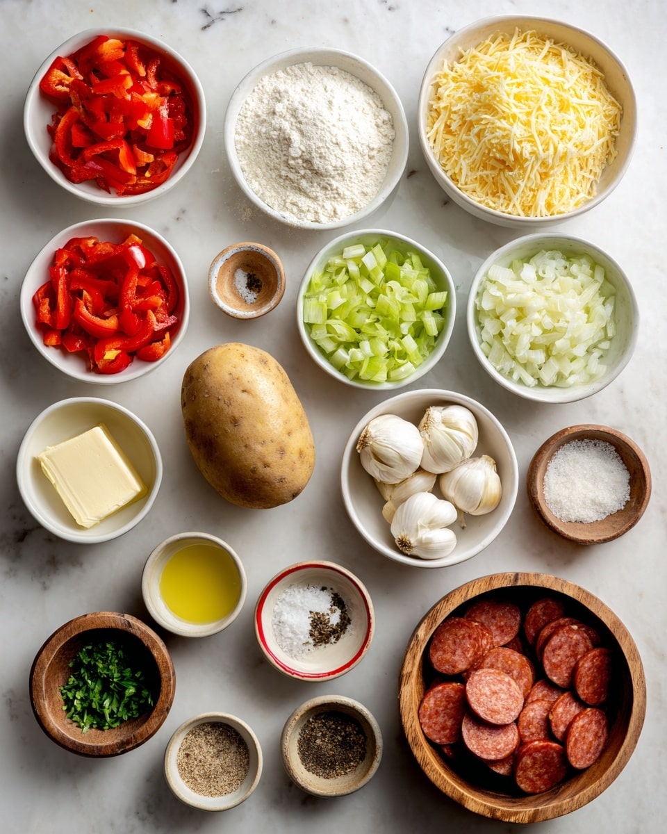 The image shows 15 small white and wooden bowls arranged neatly on a white marbled surface, each holding a different ingredient. From the top left, there are bright red chopped red bell peppers, white flour, and shredded yellow cheddar cheese. Next row has a whole brown potato, light green chopped celery in a white bowl, and white chopped onions in a white bowl with a red rim. Below, there are three peeled white garlic cloves on a wooden bowl, a white bowl with cream, a small bowl with brown seasoning, a wooden bowl with black pepper, and a small bowl with chopped green herbs. At the bottom left, there is a wooden bowl with a pat of butter, a white bowl with yellow oil, a small wooden bowl with salt, and a white bowl filled with slices of reddish-brown sausage. Photo taken with an iphone --ar 4:5 --v 7