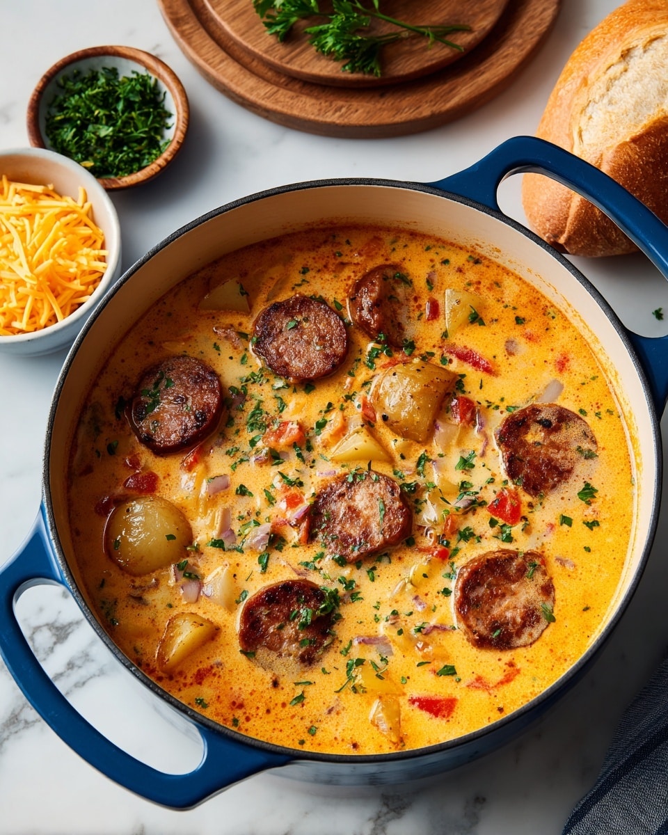 A large blue pot filled with a creamy orange soup is centered on a white marbled surface. The soup has three main layers visible: the creamy orange broth forms the base, with scattered medium-thick slices of browned sausage on top, and chunky pieces of pale yellow potato floating throughout. Small bits of onion and red bell pepper are also mixed in, sprinkled with finely chopped green herbs. Around the pot, fresh parsley, a small bowl of shredded yellow cheese, and a round bread loaf on a wooden plate can be seen. Photo taken with an iphone --ar 4:5 --v 7