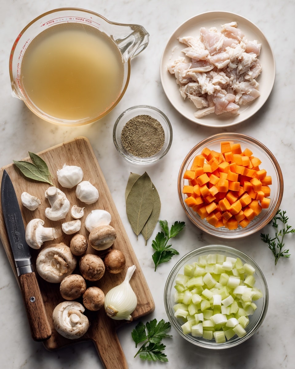 The image shows a white marbled surface holding various ingredients arranged neatly. At the top right, a white plate contains pale pink pieces of raw chicken. Next to it, a clear glass bowl is filled with small bright orange carrot cubes. Below, another clear glass bowl contains small light green celery cubes, and beside it, a smaller bowl holds finely chopped white onions. To the left, a wooden cutting board holds whole and sliced brown mushrooms, white garlic cloves, and a small knife with a wooden handle. Above the cutting board, a clear glass measuring cup filled with light brown broth is visible. A small glass container with dried herbs and a bay leaf sits near the center. Some green parsley leaves are placed below near a pale yellow container. Everything is arranged carefully on the white marbled surface, photo taken with an iphone --ar 4:5 --v 7