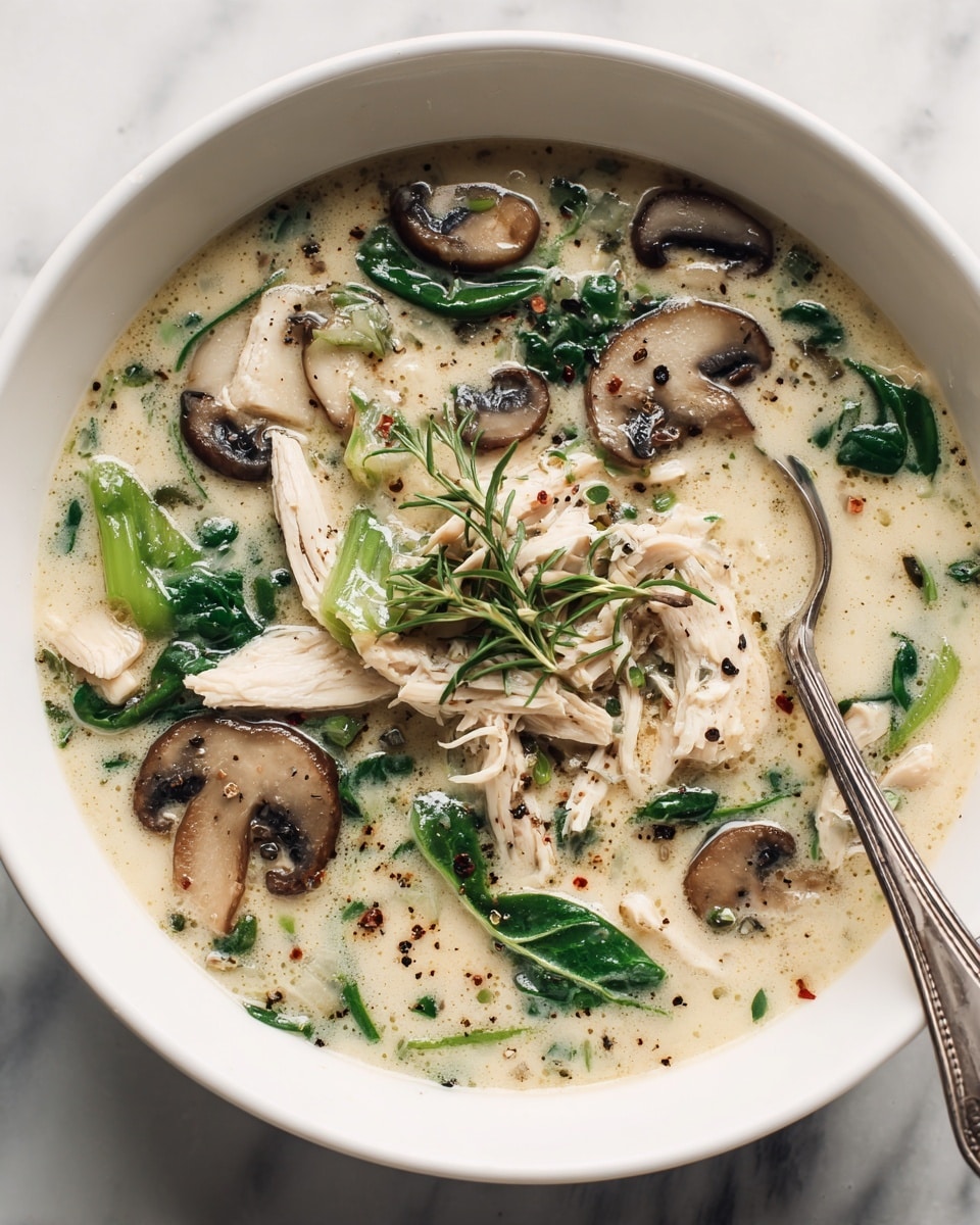 A white bowl filled with creamy soup that has a light beige color as the base layer. On the surface, there are scattered dark brown mushroom slices with a soft texture, vibrant green spinach leaves that look fresh and slightly wilted, and shredded pale cooked chicken placed in the center. Small green herb sprigs are laid on top for garnish, and some black pepper flakes are lightly sprinkled throughout. A silver spoon is partially submerged on the right side of the bowl. The bowl sits on a white marbled surface. photo taken with an iphone --ar 4:5 --v 7