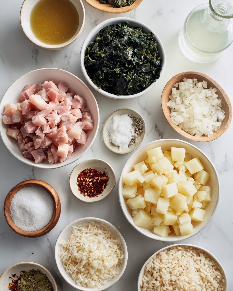 A top view of many small white bowls on a white marbled surface, each filled with different ingredients. There is a bowl of diced pale pink meat, a bowl of cubed light yellow potatoes, a bowl of chopped dark green kale, and a bowl of cooked long grain rice with a creamy color. Other bowls hold a golden-brown liquid, white chopped onions, white flour, white salt in a wooden bowl, red chili flakes, and black pepper. A clear glass bottle with a white liquid is also visible at the top right of the image. Photo taken with an iphone --ar 4:5 --v 7