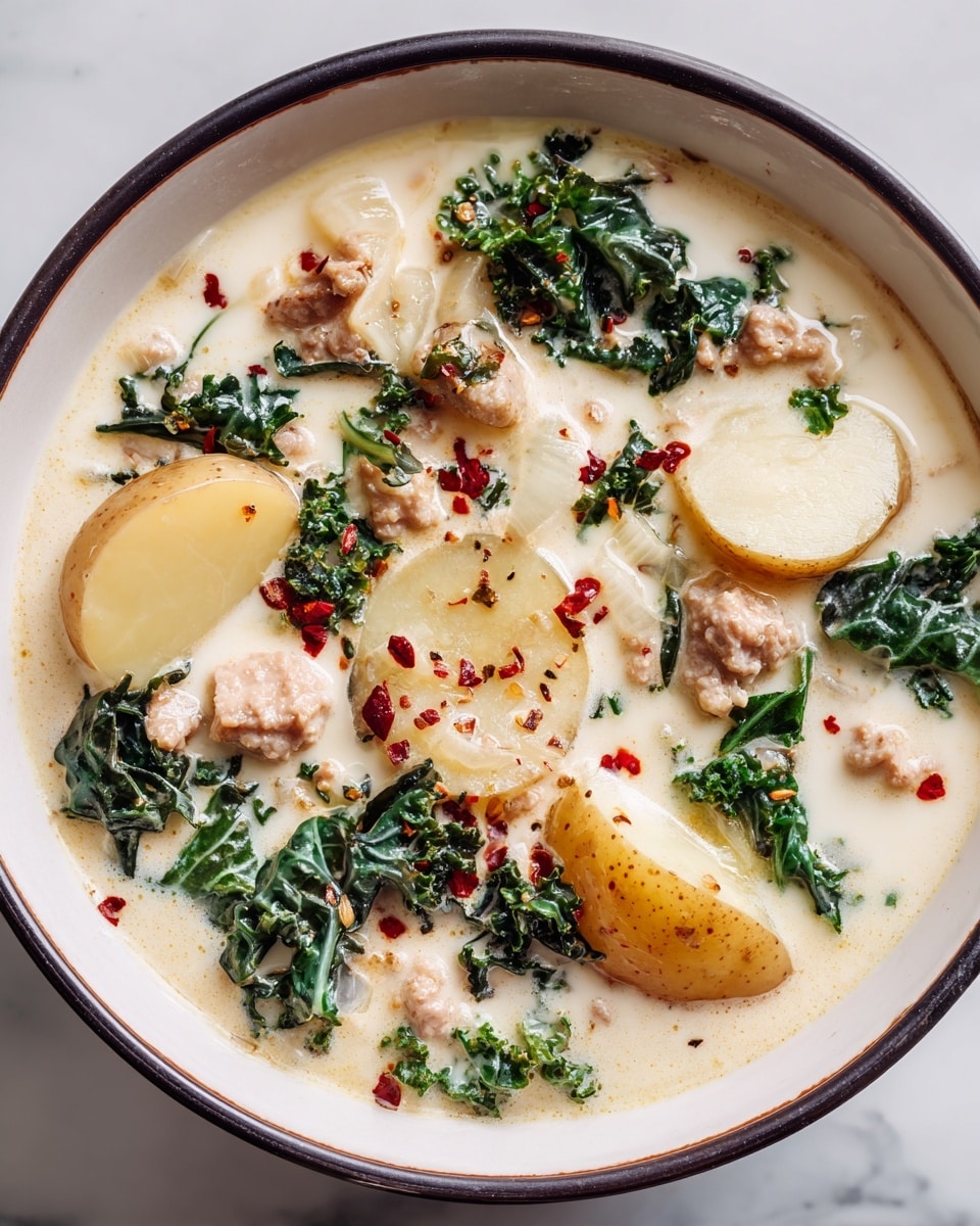 This dish shows a white bowl filled with a creamy soup that has three clear layers: at the bottom is a rich creamy white broth, floating on top are slices of potatoes with light brown skins, dark green kale leaves, and small pieces of pale brown cooked meat scattered all over. Tiny specks of red pepper flakes are sprinkled lightly across the surface, giving a hint of color contrast. The bowl's edge is visible with a thin dark rim, and the background is a white marbled texture. photo taken with an iphone --ar 4:5 --v 7