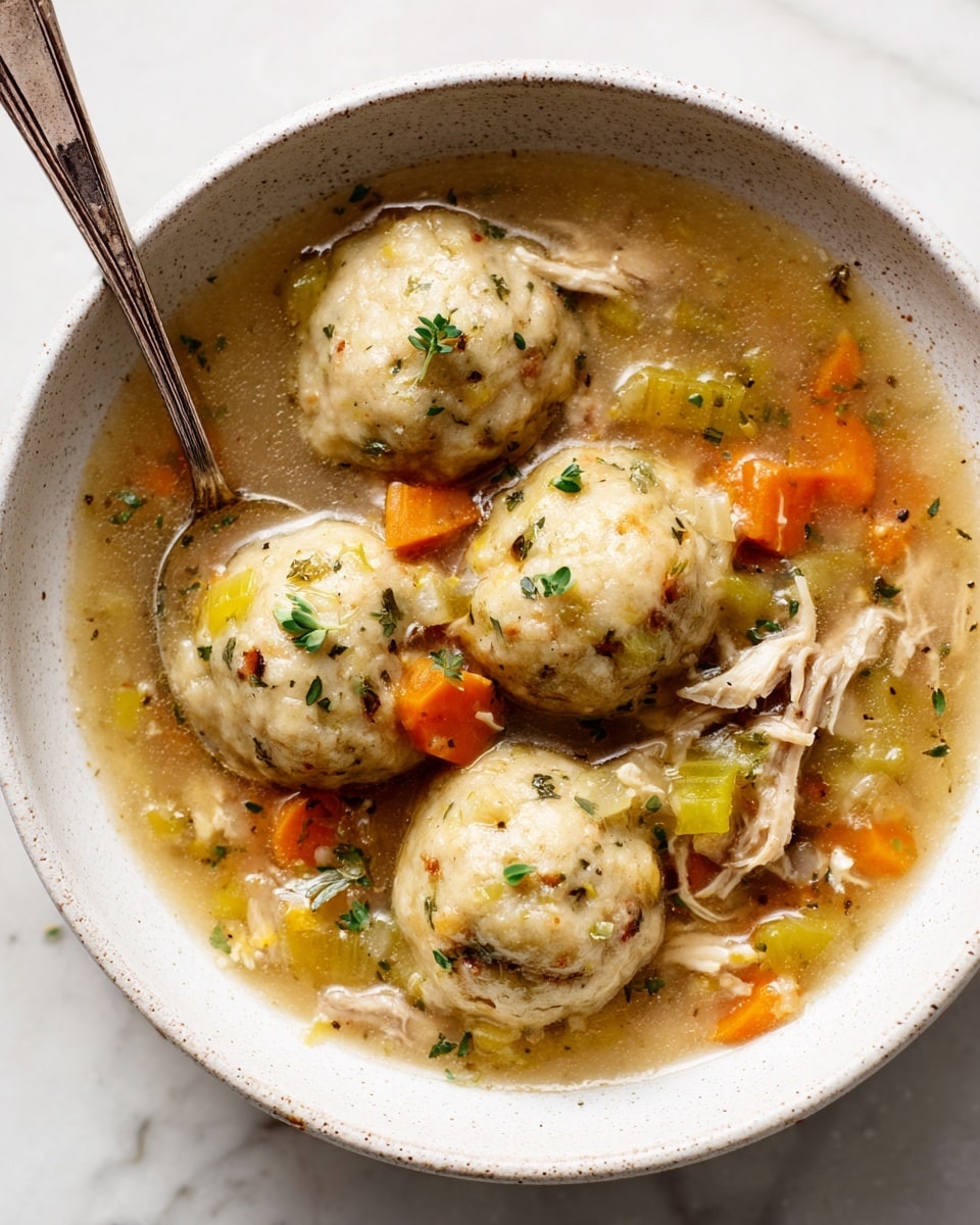 The image shows a white speckled bowl filled with a thick broth containing orange carrot slices, green celery pieces, and shredded pieces of meat. On top of the broth are four round, light beige dumplings with visible herbs and a soft, slightly crispy texture. Small green herb sprigs are sprinkled over the dumplings and broth. A vintage silver spoon dips gently into the bowl from the left side, and the bowl rests on a white marbled surface. photo taken with an iphone --ar 4:5 --v 7