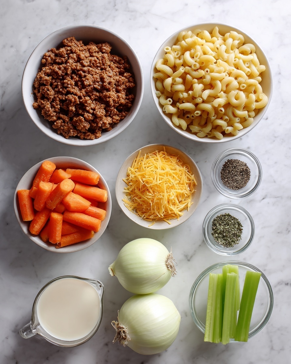 The image shows a white marbled surface with nine bowls and vegetables arranged neatly. From the top left, there is a white bowl filled with cooked ground beef, next to it is another white bowl full of cooked elbow macaroni pasta. Below these, centered, is a smaller white bowl holding grated yellow cheese. To the bottom left, a white bowl contains sliced orange carrots, and near it is a clear glass cup with light-colored cream. On the right side, three whole onions are placed close together—one white and two yellow, beside three green celery sticks. There are two small clear bowls, one with black pepper and green herbs, and the other with mixed spices including salt and black pepper. The setting is clean and bright with a white marbled background photo taken with an iphone --ar 4:5 --v 7