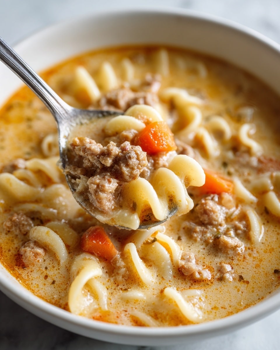 A white bowl filled with a thick, hearty soup showing two large spoonfuls being lifted. The soup has three visible layers: the top layer is creamy with browned, crumbly sausage pieces; under that, elbow-shaped pasta in a pale beige color is seen, surrounded by small, tender orange carrot chunks; the base is a rich, light brown broth holding everything together. The texture looks smooth and slightly chunky, and the white marbled surface underneath adds a clean background. photo taken with an iphone --ar 4:5 --v 7
