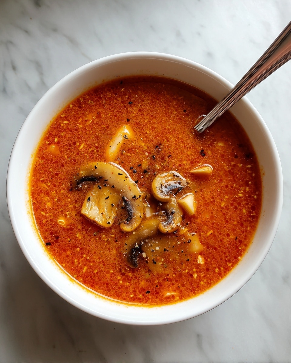 A white bowl filled with thick, reddish-orange soup that has visible grains and slices of light brown mushrooms mixed throughout. The soup has a slightly chunky texture with scattered black pepper on top. A silver spoon rests inside the bowl on the left side. The bowl sits on a white marbled surface. photo taken with an iphone --ar 4:5 --v 7