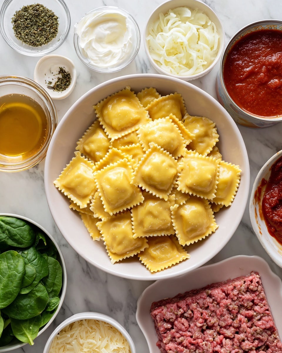A white bowl filled with yellow square ravioli with crinkled edges is placed at the center on a white marbled surface. Around it, starting from the top left corner and moving clockwise, there is a glass measuring cup with white cream, a small white bowl of dried herbs in green and brown, a white bowl with chopped white onions, an open can of red tomato sauce, a white bowl filled with fresh dark green spinach leaves, a glass measuring cup with light brown broth, a white plate holding a rectangular block of raw ground meat with mixed colors of red and brown, a small white bowl with minced garlic, and a small white bowl of thick red tomato paste. Photo taken with an iphone --ar 4:5 --v 7