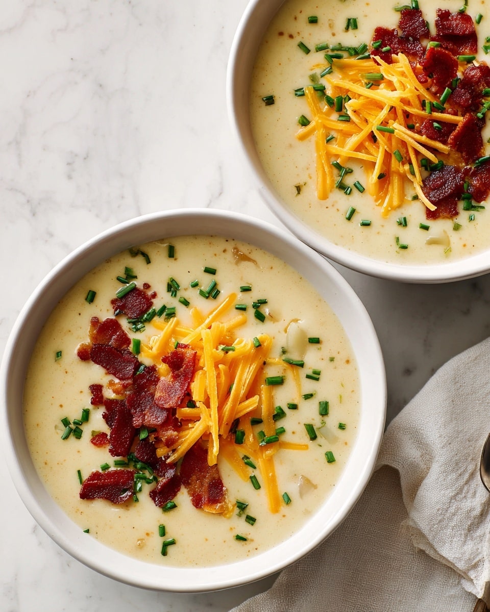 Two white bowls filled with creamy potato soup sit on a white marbled surface. Each bowl has a thick pale yellow soup base with a smooth texture and small chunks of potato visible inside. On top of the soup in the bowl closer to the camera, there is a layer of shredded bright orange cheddar cheese on the right side and crispy, dark red-brown bacon bits on the left side. Small bright green chopped chives are sprinkled over the cheese and bacon. The second bowl in the upper right corner also has bacon, cheese, and chives on top but is only partly visible. A white cloth is placed under the second bowl on the right side. photo taken with an iphone --ar 4:5 --v 7